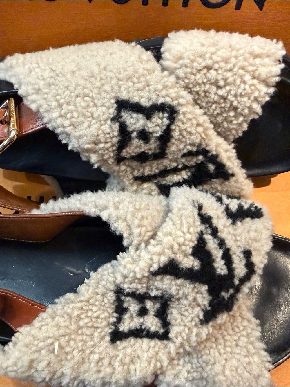 Luxury Logo Shearling Slides in Cream and Black Rare